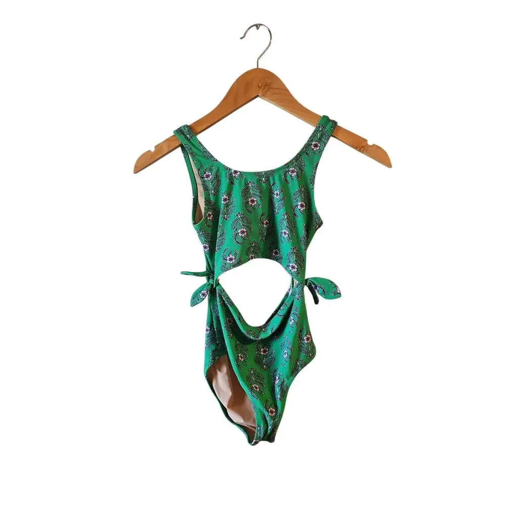 Crewcuts by J.Crew Girls' Cutout One-Piece Swimsuit green purple floral sz 8 K79
